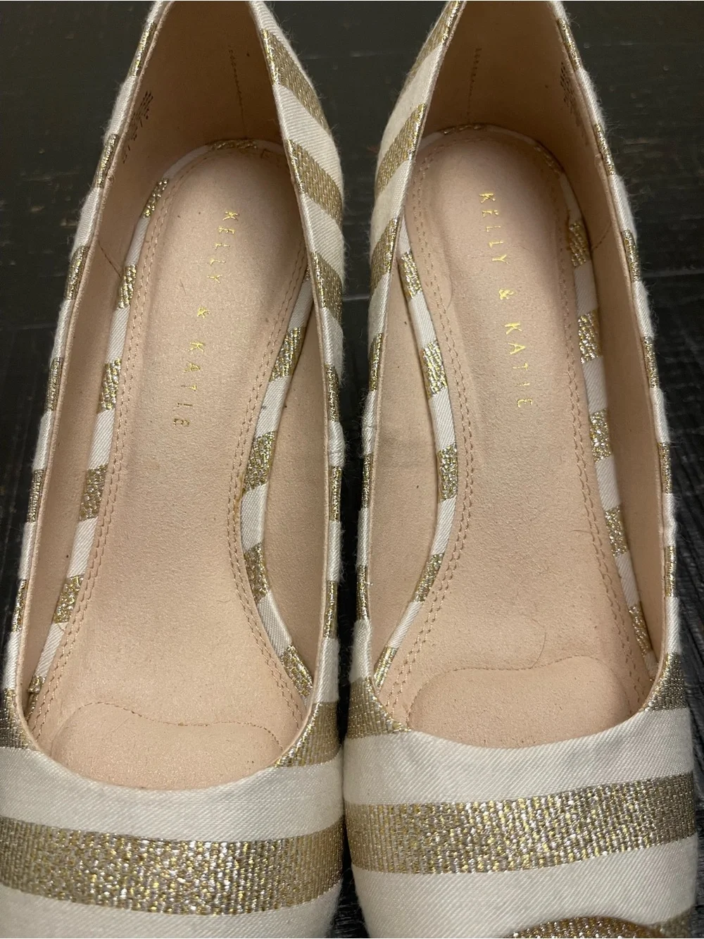 Wedge Peep-Toe Pumps in Cream and Gold Stripe